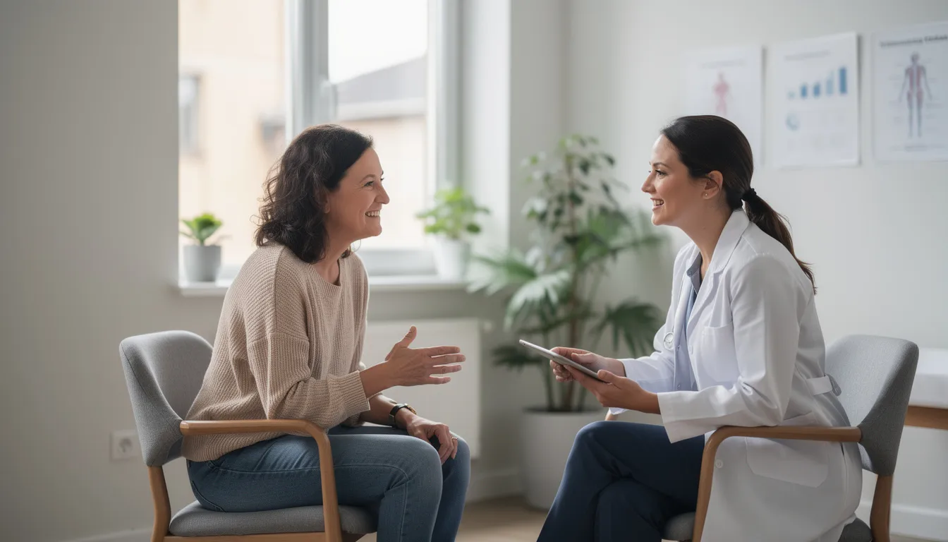 A person is engaged in a wellness consultation with a healthcare provider, discussing the benefits of NAD supplements for enhancing brain health and cognitive function. The atmosphere is positive, highlighting the importance of cellular health and energy production in the aging process.