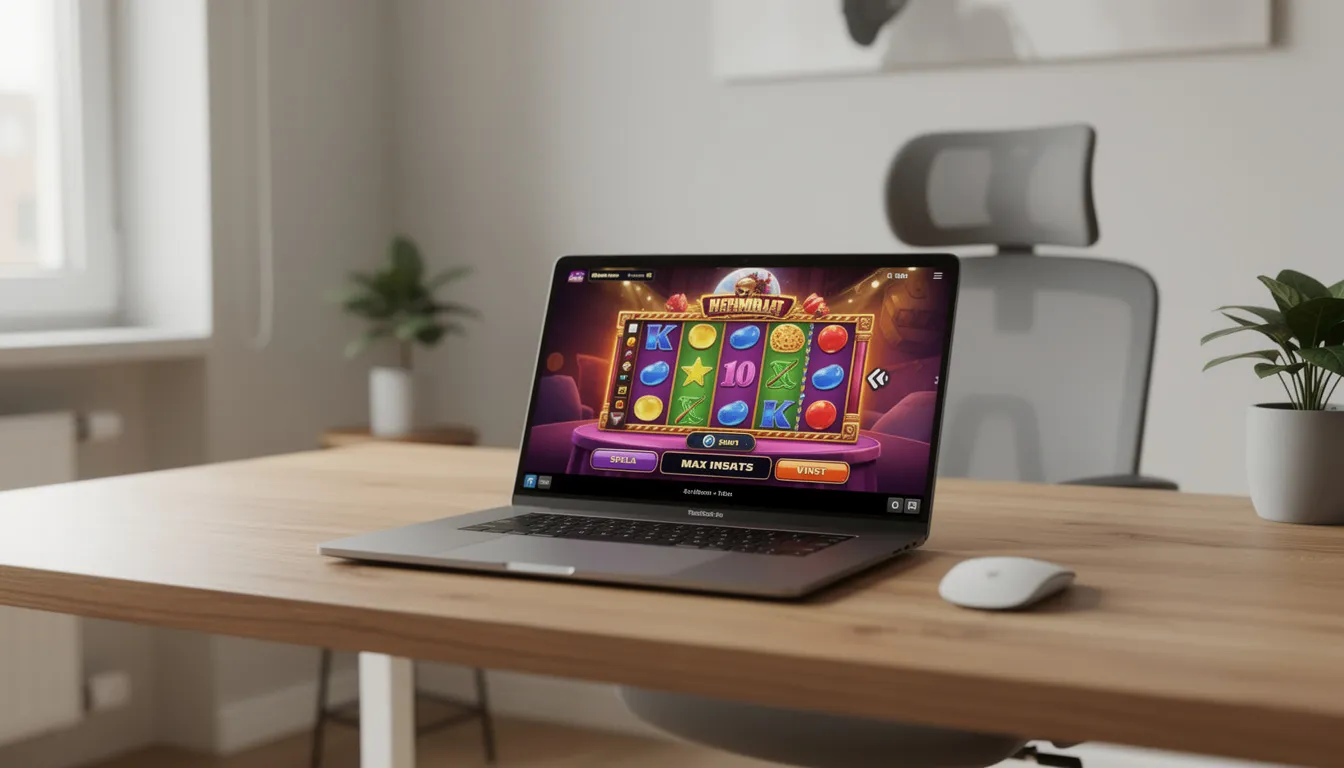 En laptop står på ett modernt skrivbord, med en skärm som visar casinospel, vilket ger en känsla av ett hemmakontor där spelare kan njuta av online casino utan svensk licens. Runt omkring finns stilrena kontorsdetaljer som förstärker den professionella atmosfären.