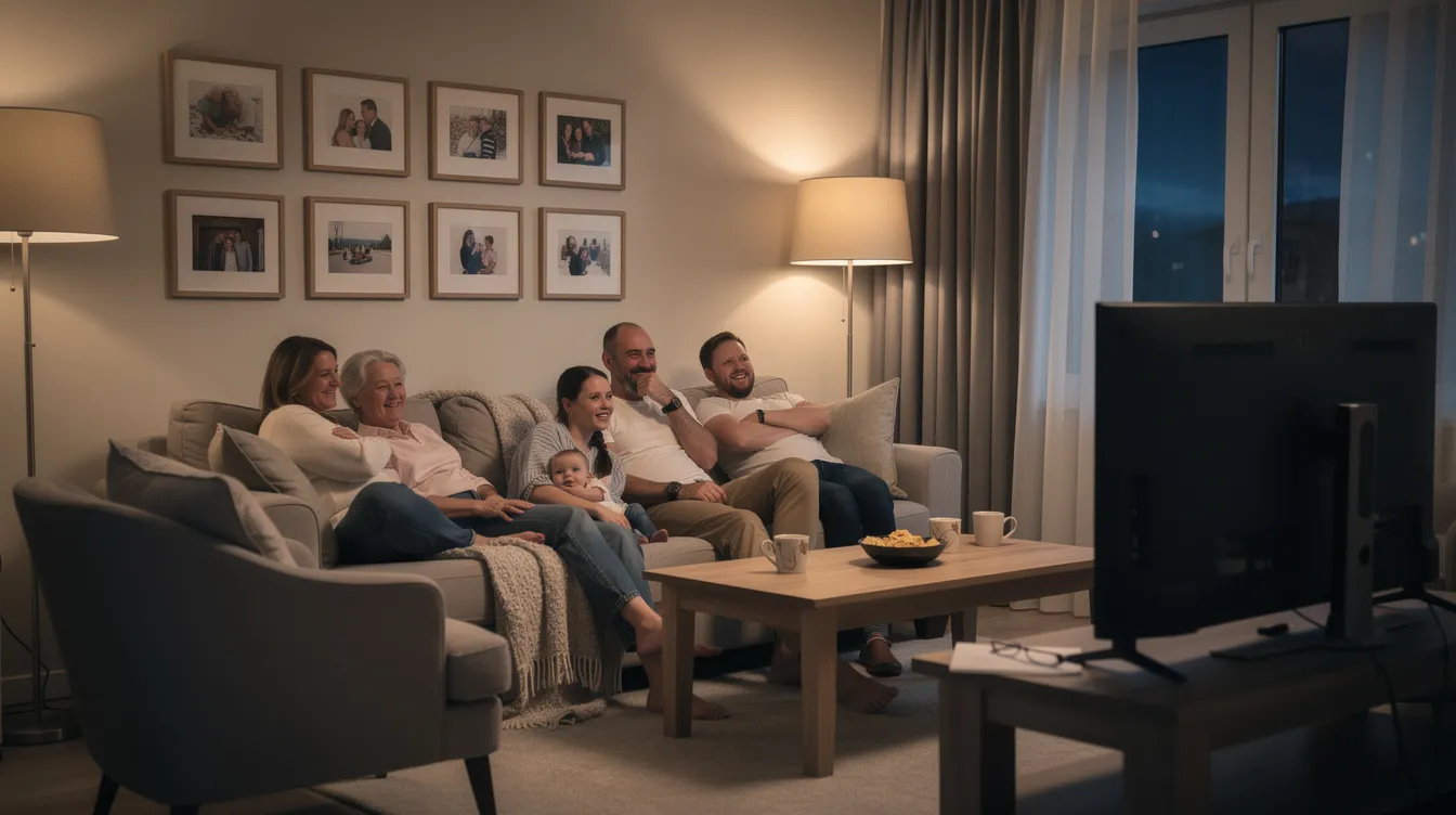 Une famille est réunie dans un salon chaleureux, regardant ensemble un écran de télévision où se déroule un programme en direct. L'ambiance est détendue, et ils profitent de la qualité d'image, probablement en HD ou 4K, grâce à un abonnement IPTV qui leur permet d'accéder à diverses chaînes TV.