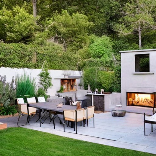 Outdoor space with fireplace
