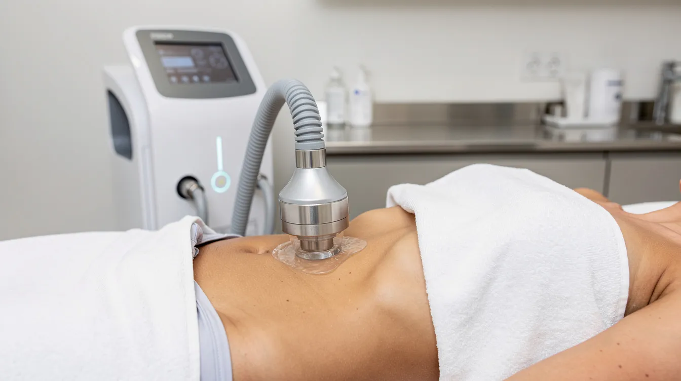 A person is undergoing a cryolipolysis treatment in a clean clinical setting, with a cooling applicator securely suctioned to their abdomen to target and destroy stubborn fat cells. This non-invasive body contouring procedure aims to reduce excess fat without the need for surgical intervention.
