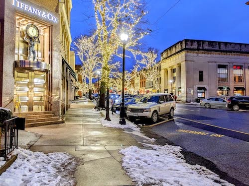 An evening wintry walk along our New England village main street