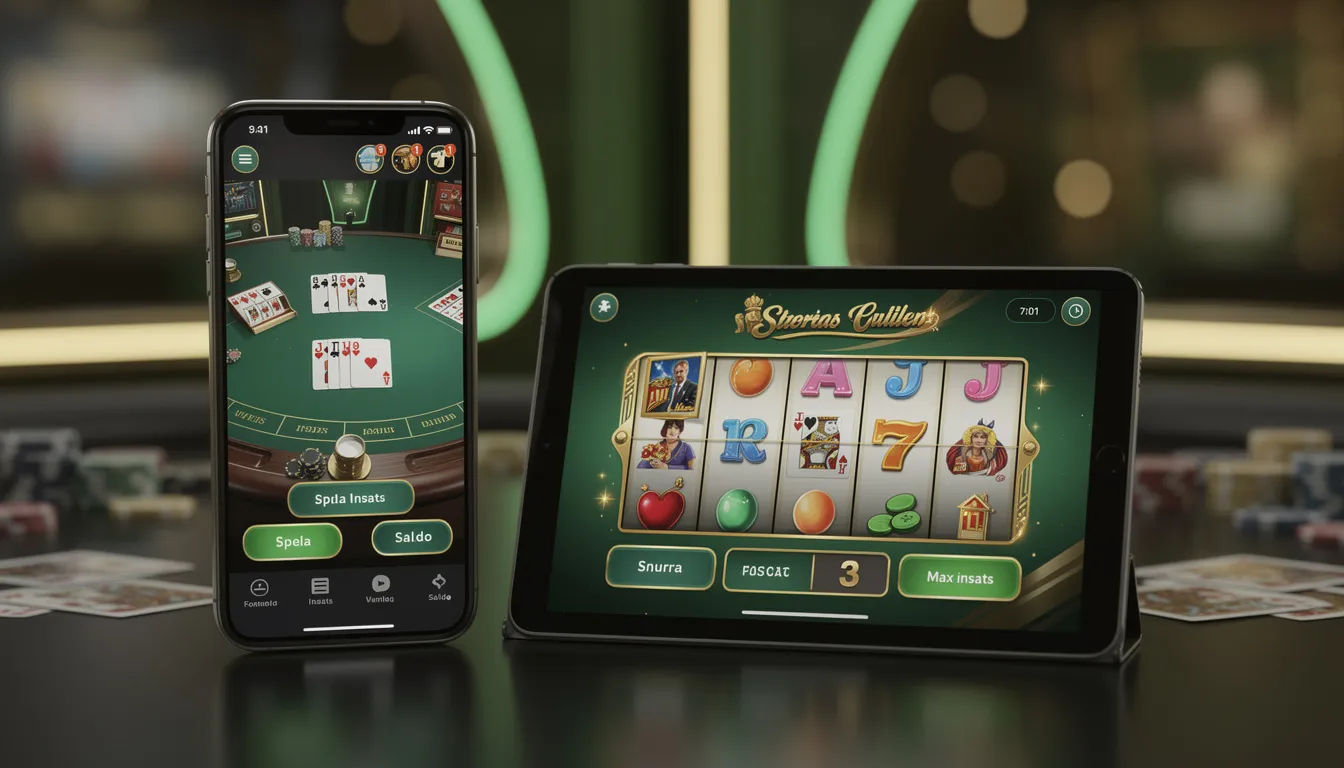 En smartphone och en surfplatta ligger på ett bord och visar ett modernt casino-gränssnitt med olika kortspel och slots. Skärmen är färgglad och inbjudande, vilket skapar en känsla av spänning och underhållning, typisk för hajper casino.