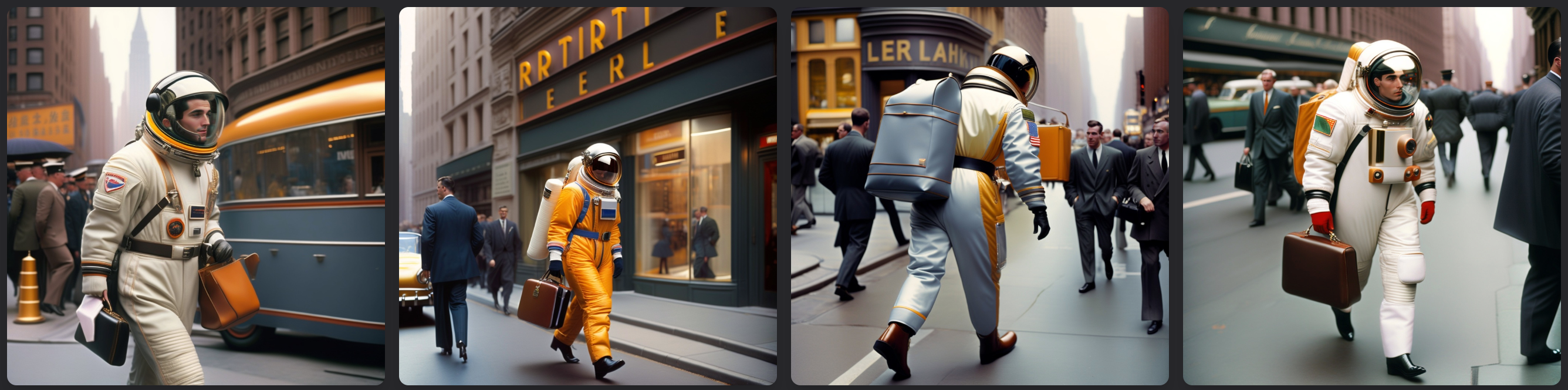 4 images of a brightly coloured astronaut walking around in New York with a briefcase 