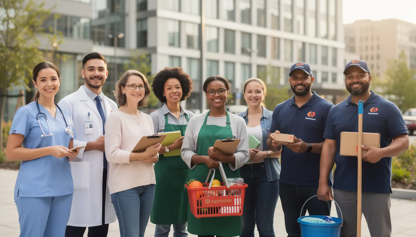 The image features a diverse group of essential workers, including nurses, teachers, and service employees, standing together with smiles on their faces, showcasing unity and commitment to their professions. This representation highlights the vital roles these individuals play in their communities, particularly in cities like Miami, where real estate and neighborhood dynamics are influenced by such dedicated workers.