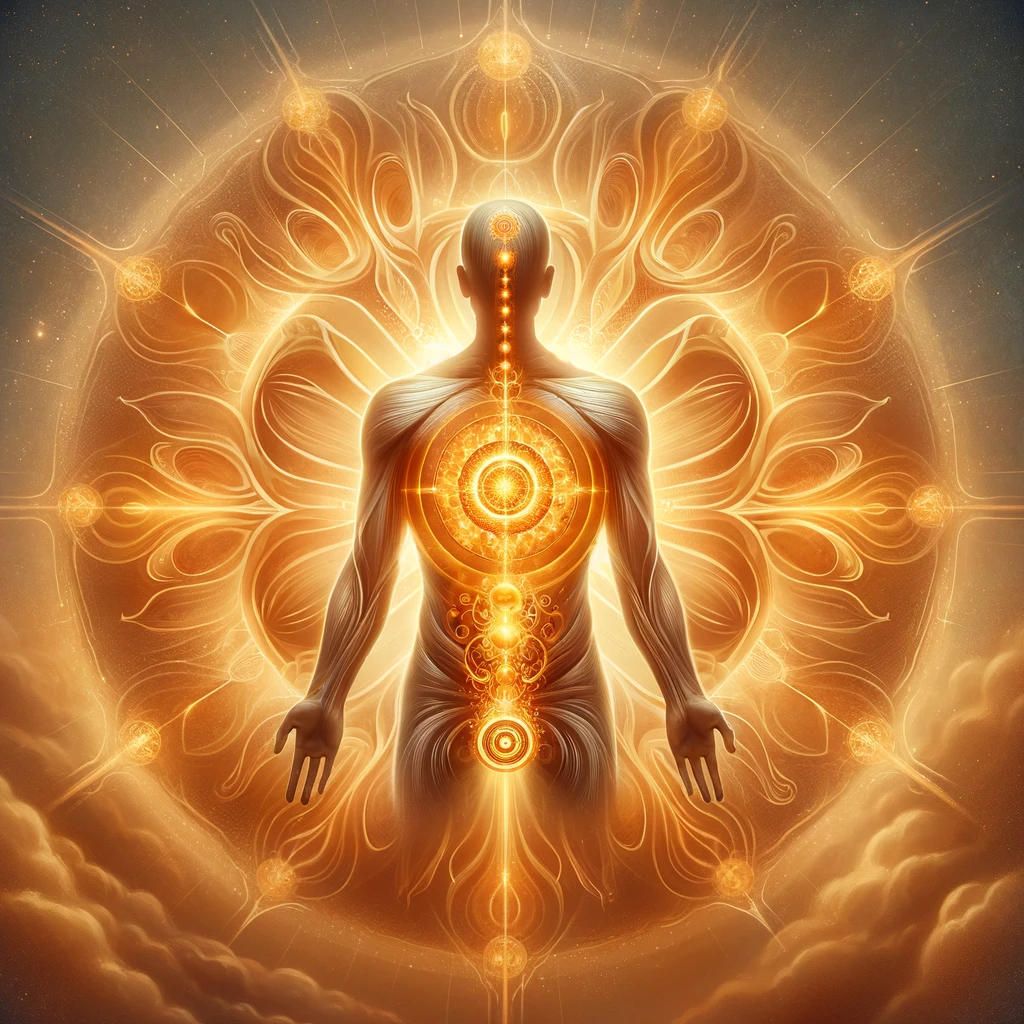 "Step into the radiant world of the Solar Plexus Chakra with this luminous illustration that symbolizes personal power and self-esteem. The golden glow emanating from the center represents confidence and inner strength, inviting viewers to reflect on their own journey towards personal growth and empowerment."