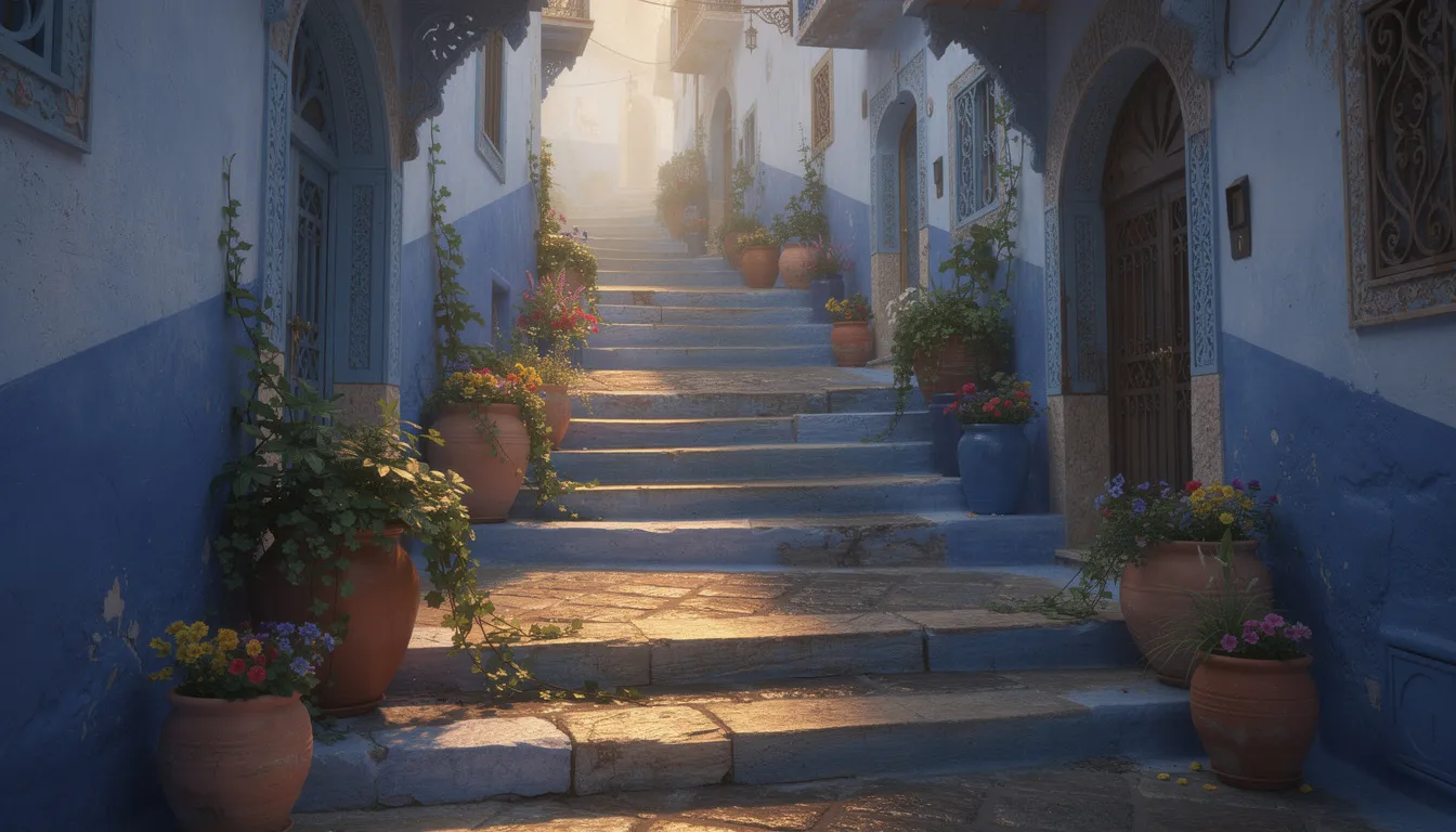 The image features a narrow, blue-painted alleyway bathed in soft morning light, adorned with vibrant potted plants and decorative doorways, evoking the charm of Morocco's famous blue city. This picturesque scene invites travelers to explore the rich history and culture found in the hidden gems of Moroccan cities.