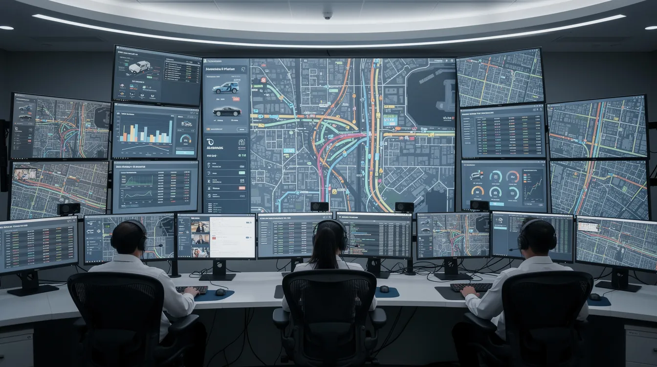 The image depicts a busy dispatch center filled with multiple screens displaying real-time GPS tracking of fleet vehicles, including maps and vehicle data. This environment is essential for fleet managers to monitor vehicle location, driver performance, and operational efficiency, utilizing advanced telematics solutions for enhanced safety and cost savings.