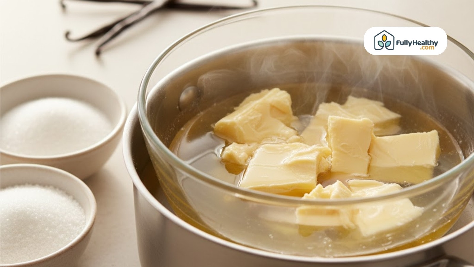 Cocoa butter melting in double boiler surrounded by sugar and vanilla beans