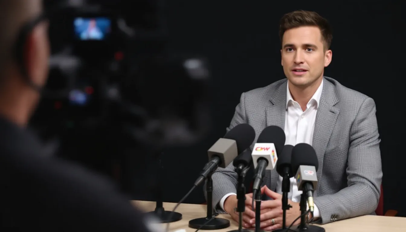 In the image, a celebrity is seated for an interview, surrounded by microphones and cameras, discussing their LGBTQ+ identity and the importance of queer representation. They share insights about their own queerness, identifying as pansexual, and the significance of being a visible figure in the public eye for other human beings.
