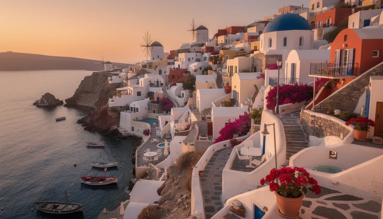 The image depicts a picturesque coastal village in Greece, characterized by its charming white buildings and the vibrant blue of the sea. This scenic destination is perfect for travelers seeking to explore beautiful locations and enhance their travel experiences.