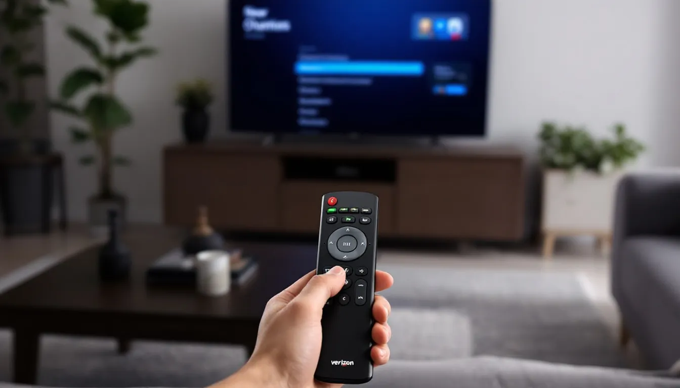 The image shows a Verizon remote being pointed at a television during the programming process, with a focus on the blue light that indicates the remote is actively connecting to the device. The scene captures the moment when the user is likely engaging in the automatic setup of their Fios TV, ensuring the remote control is ready for voice commands and navigation.