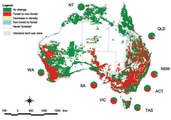 Land-cover map of Australia showing changes in native vegetation since European settlement. 