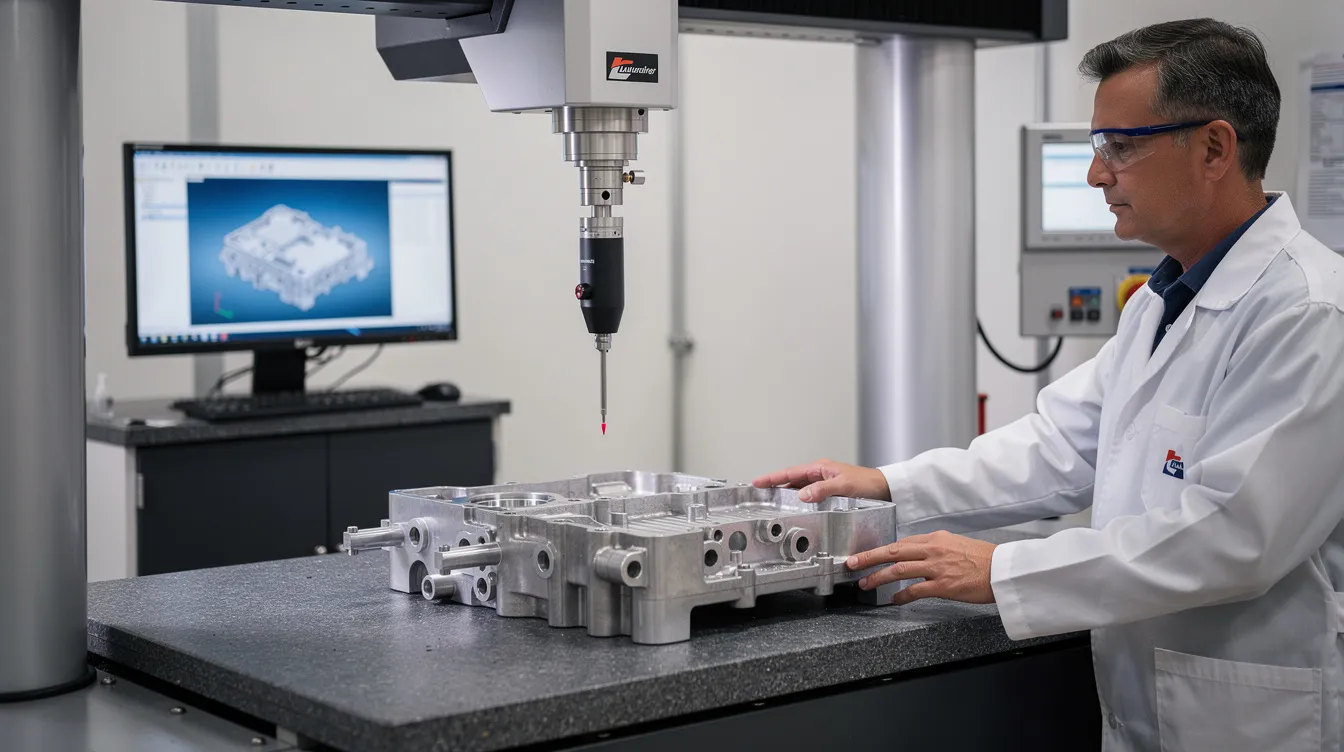 A quality control technician is inspecting a precision aluminum housing using a Coordinate Measuring Machine, which is a vital tool in the manufacturing process for ensuring high precision in cnc machining services. This setup reflects the advanced control systems employed by leading cnc machine manufacturers to guarantee the quality of their products.