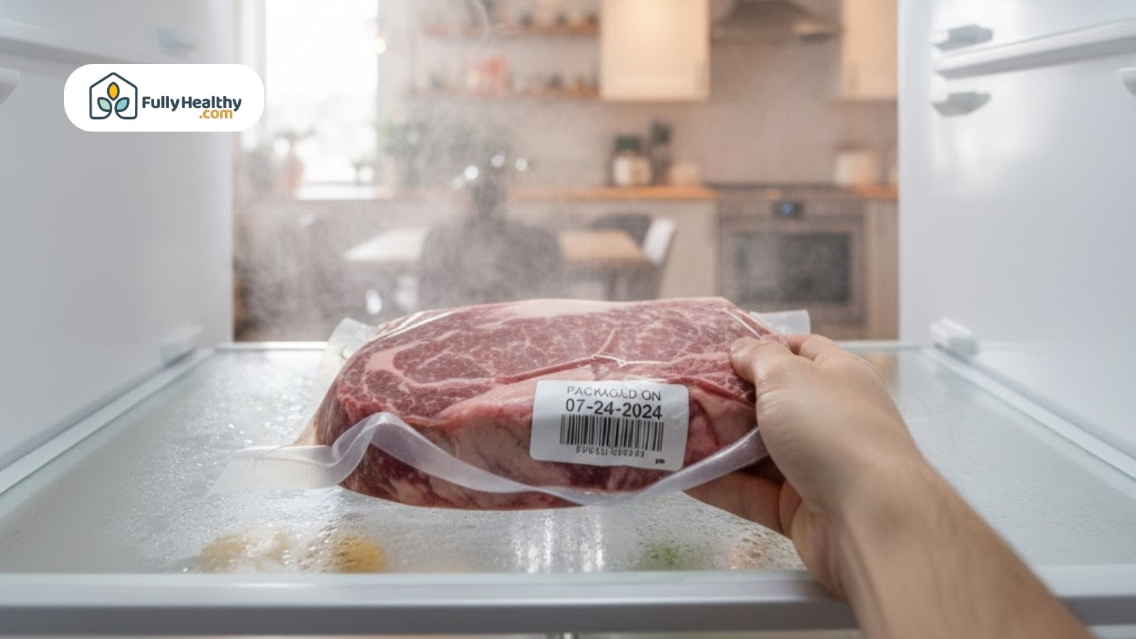 Hand placing packaged raw steak with label into refrigerator for proper storage