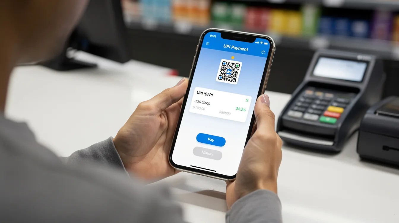 A person is holding a smartphone displaying a UPI app interface for mobile payments, showcasing a seamless transaction experience. This image highlights the convenience of online betting platforms where users can easily deposit funds and claim bonuses, such as a generous welcome bonus or an initial deposit bonus, especially for Indian bettors.