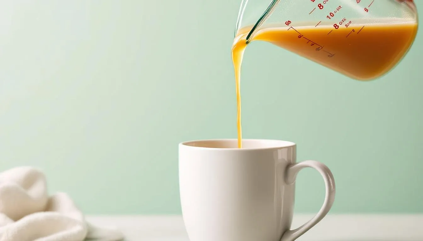 A measuring cup pouring hemp beverage, demonstrating dosage measurement.