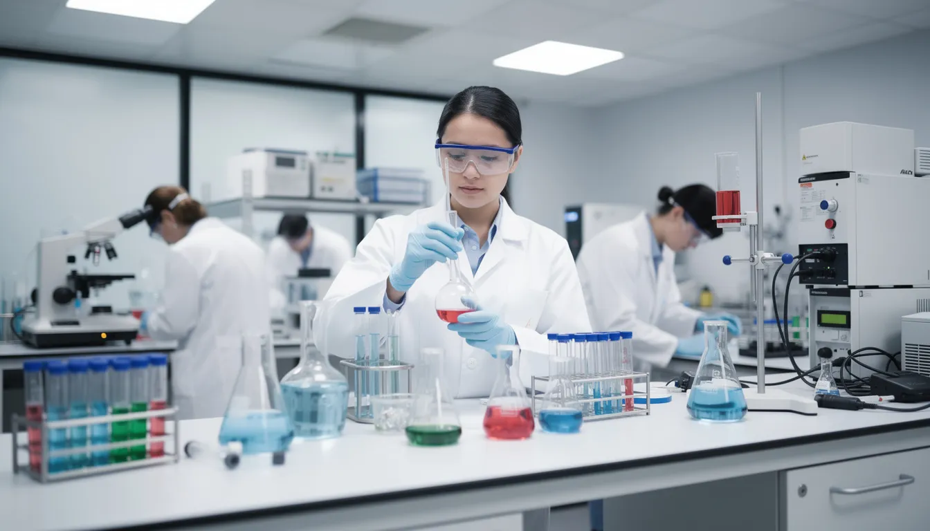 Ein Wissenschaftler arbeitet in einem Labor mit Glaskolben und Analysegeräten, um die Eigenschaften von Cannabinoiden zu untersuchen. Auf dem Tisch liegen verschiedene Geräte, die zur Analyse von THC-Gehalt und anderen Verbindungen wie 10 OH THC genutzt werden.