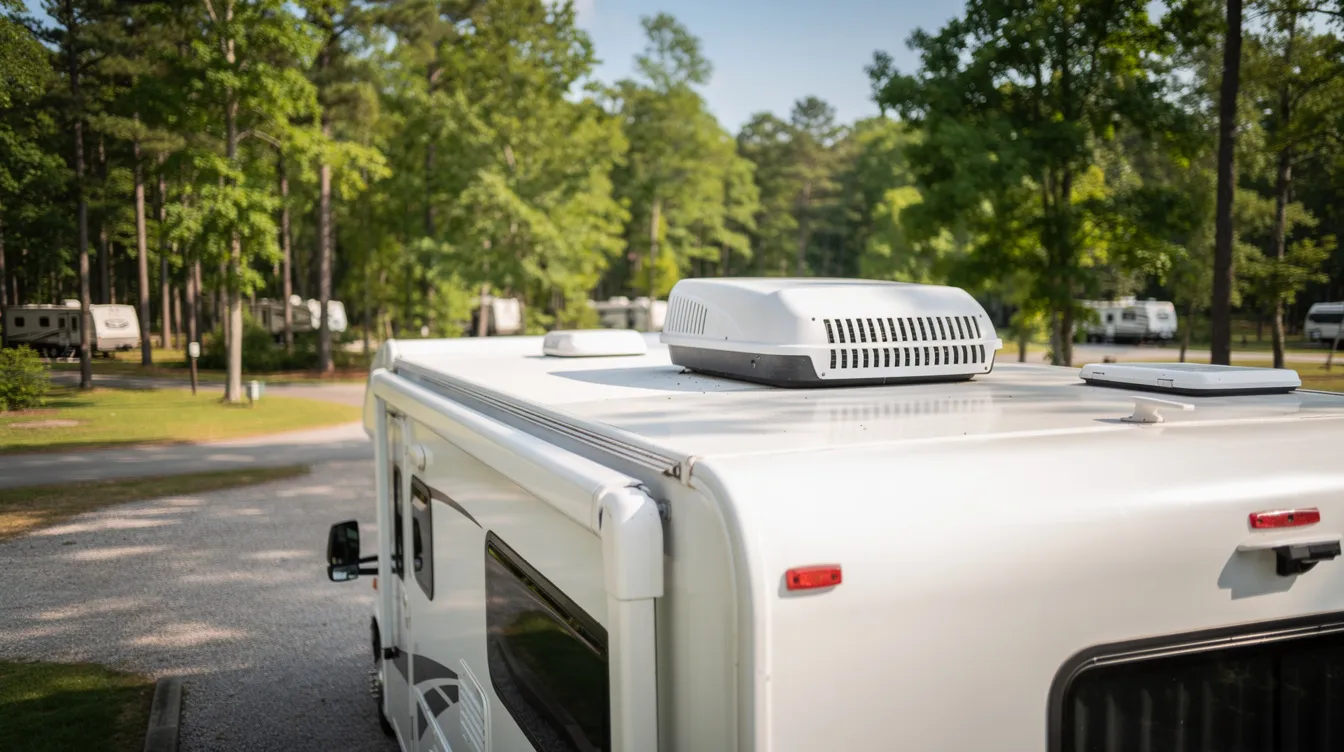 A rooftop air conditioner is mounted on a white RV parked at a campground, surrounded by trees. This RV air conditioner offers efficient cooling capacity, making it ideal for warmer climates and ensuring a comfortable stay while camping.