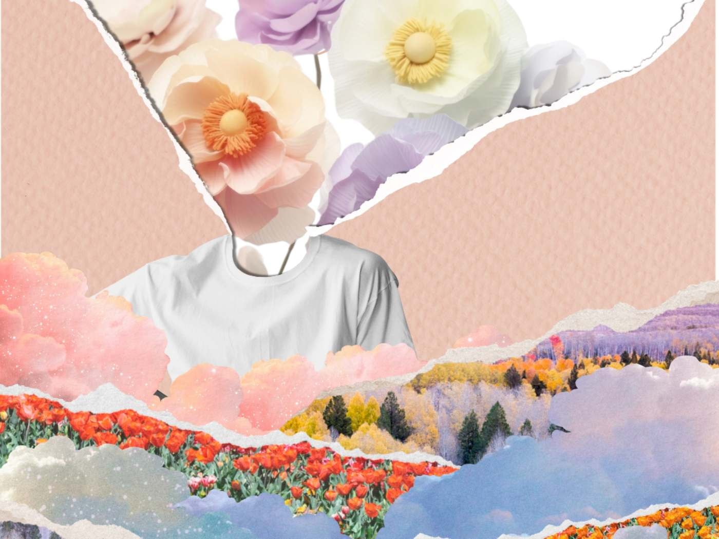 Floral Headpiece: Artistic image of a figure with a floral headpiece against a dreamy landscape, featured in 'Flower Fragrance and Love Quotes' blog.