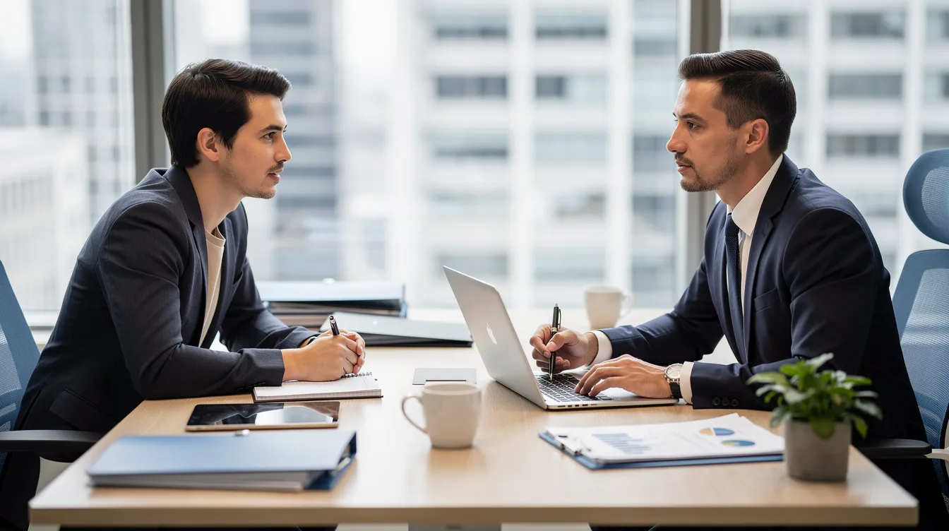 The image depicts a professional meeting between a banker and a small business entrepreneur at a desk, where they discuss financial assistance options, including mudra loans, for the entrepreneur's micro enterprise. The setting suggests a focus on business planning and eligibility criteria for accessing loans to support capital assets and cash flow.