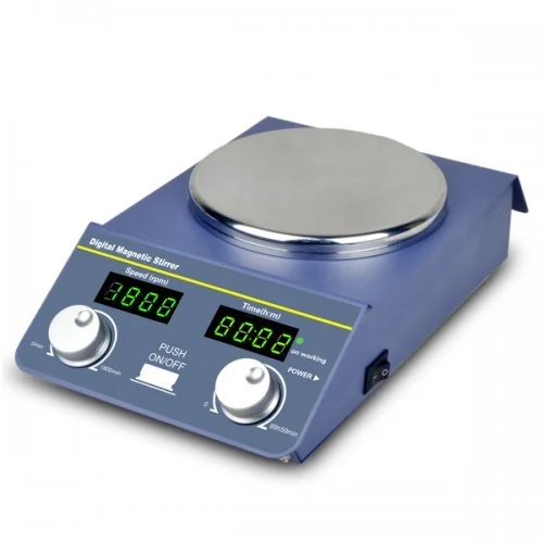 A lab hot plate with digital display and multiple plate shapes