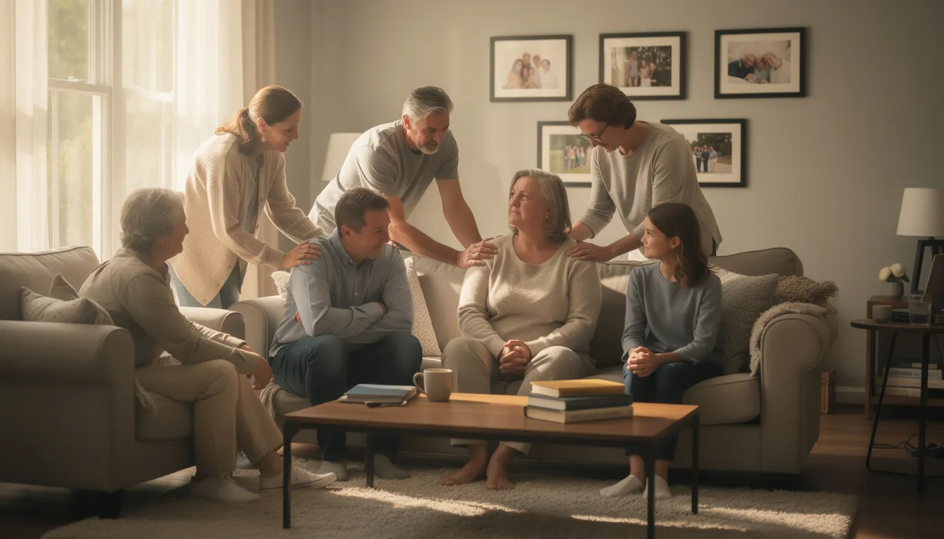 The image depicts a family gathered in a living room, providing quiet support to one another during a difficult time, possibly related to a loved one's death. Their expressions convey a mix of sorrow and solidarity, reflecting the emotional and financial toll that may come with pursuing a wrongful death lawsuit.