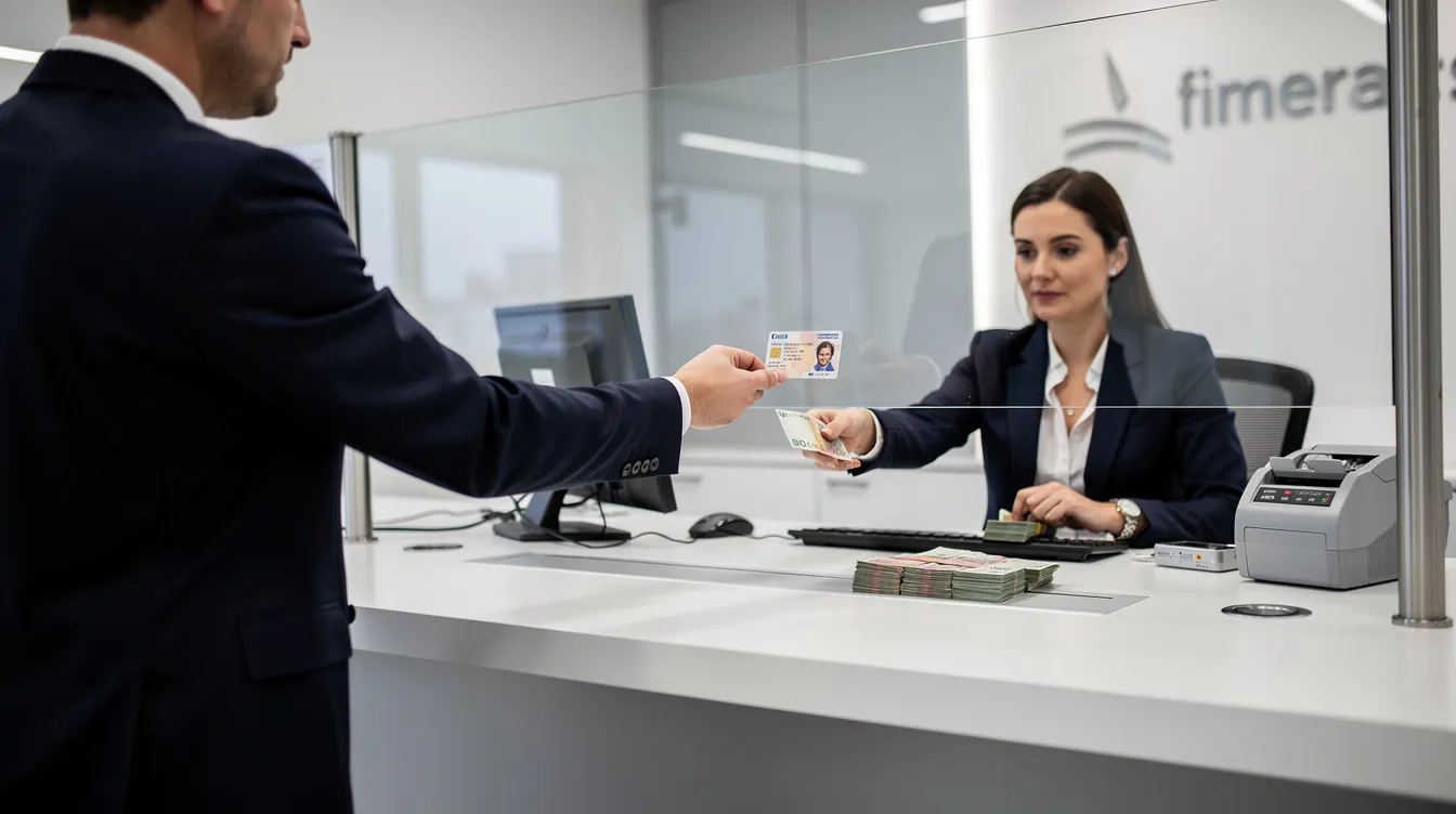 A person is standing at a bank counter, handing over their identification card while collecting cash. This scene highlights the importance of local bank accounts for receiving international payments and managing transactions efficiently.