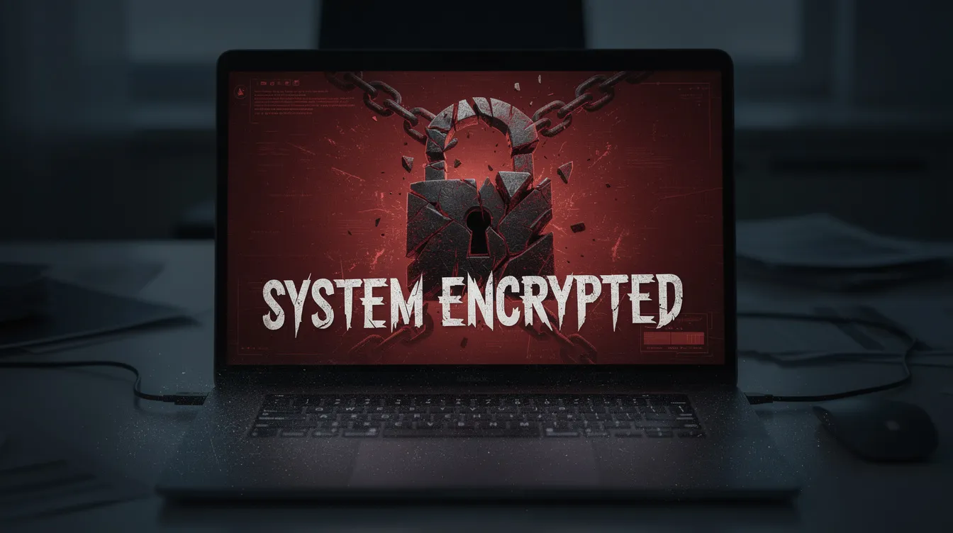 The image depicts a modern office desk illuminated only by the glow of a laptop screen, which displays a threatening deep-red interface warning of a 'SYSTEM ENCRYPTED' status, symbolizing potential cyber threats. The atmosphere is tense, with a focus on the dusty keyboard in the foreground, highlighting the vulnerability of computer systems to cyber attacks and data breaches.