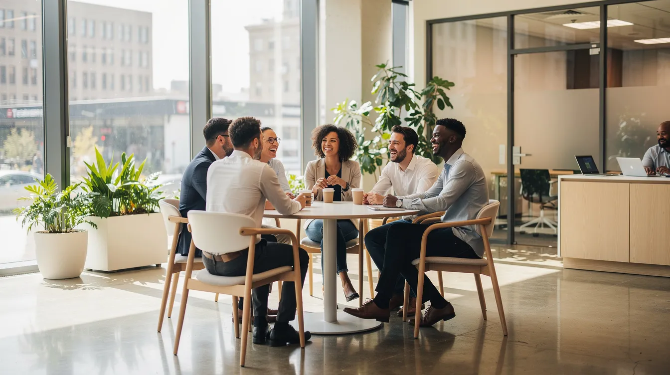 A multicultural group of international professionals is enjoying coffee together in a bright, modern office break room, fostering connections and collaboration. This scene reflects a supportive environment where colleagues can improve their language skills and share experiences related to working in Germany.