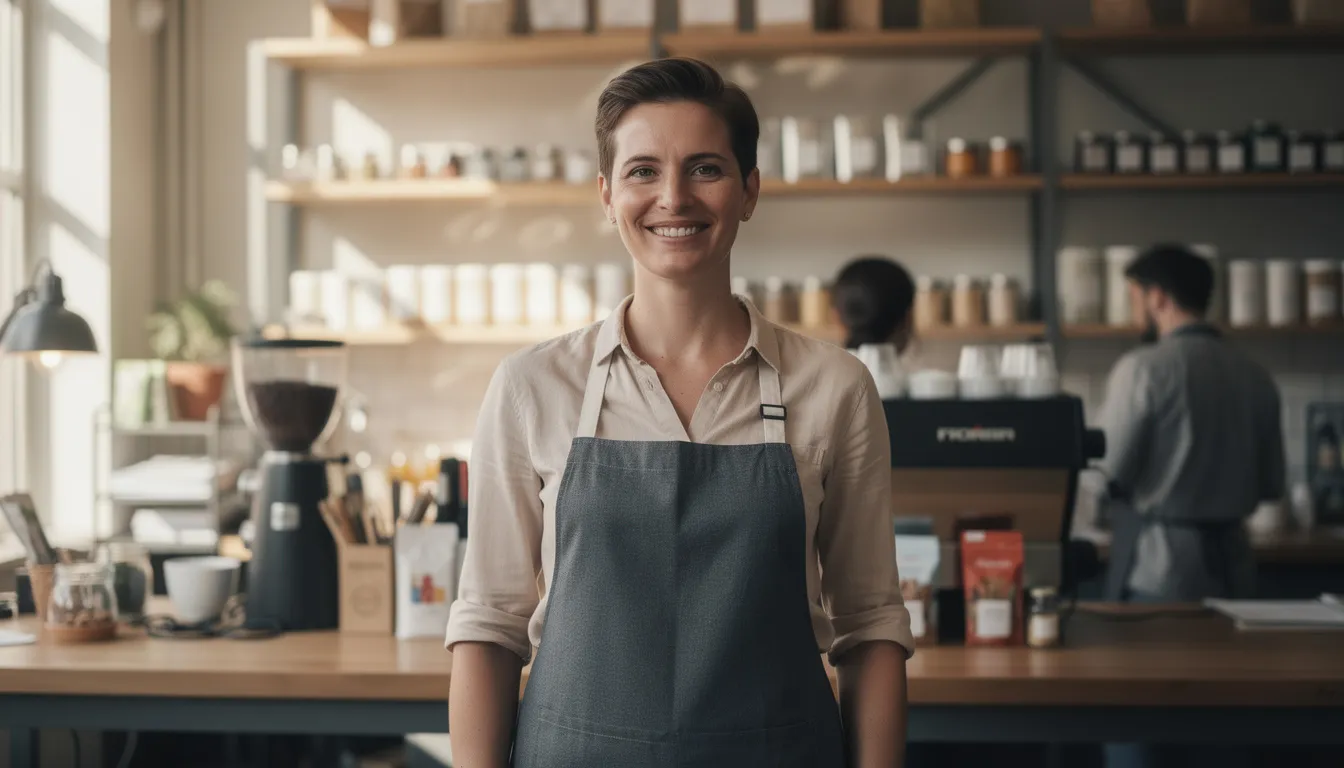 A small business owner stands confidently in a clean and organized retail space with people in the background, smiling with a sense of accomplishment after securing business funding via email confirmation. The warm, natural lighting highlights the thriving environment, filled with well-stocked shelves and modern equipment, reflecting the owner's success and the benefits of securing capital for small businesses.