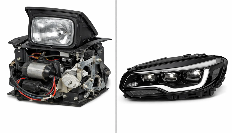 Complex pop-up headlight mechanism compared to modern sealed LED headlight module