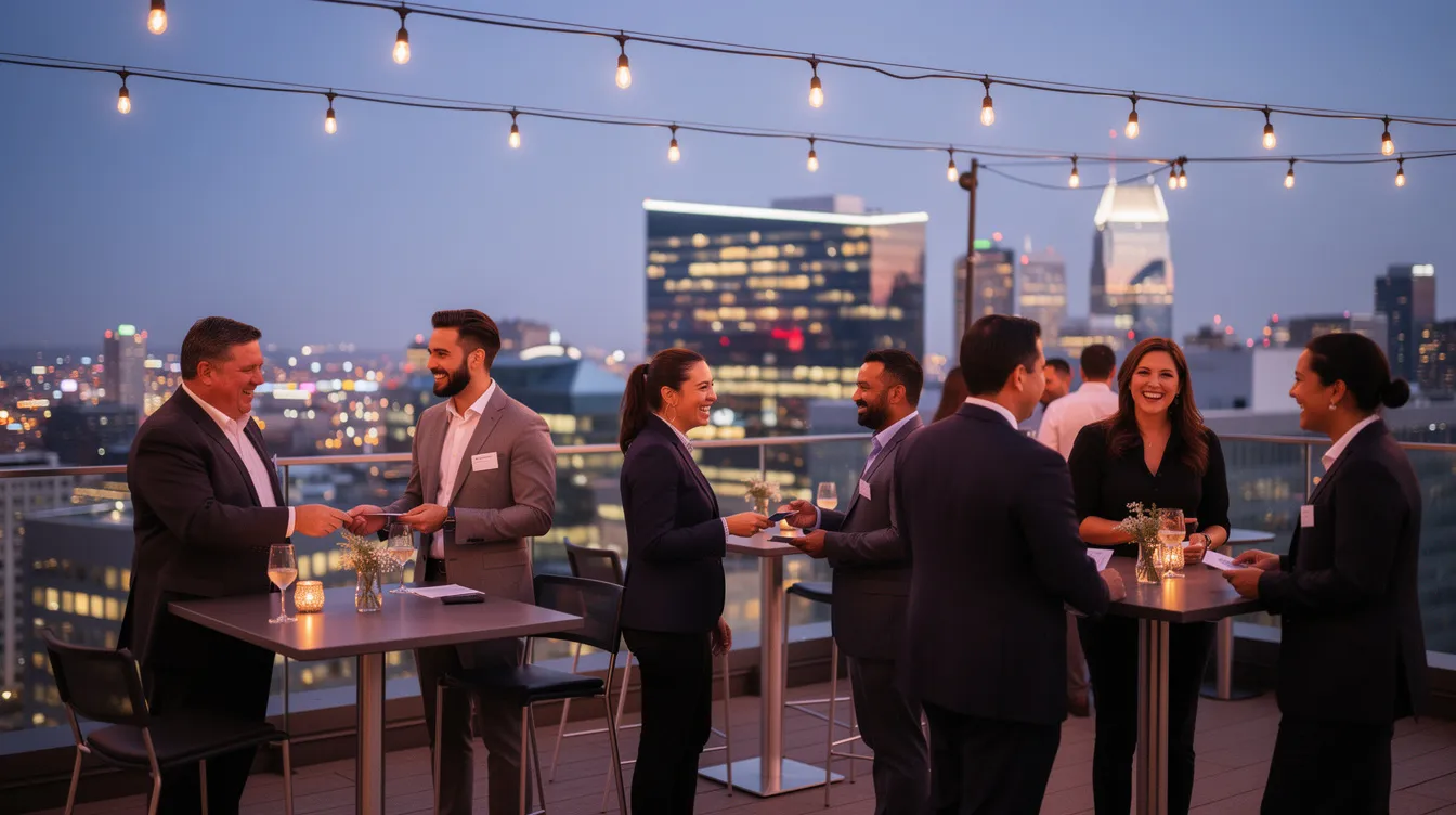 Guests are networking at a rooftop corporate event in downtown Denver, with the vibrant city lights creating a stunning backdrop. The atmosphere is lively, promoting team bonding and connection among corporate groups.