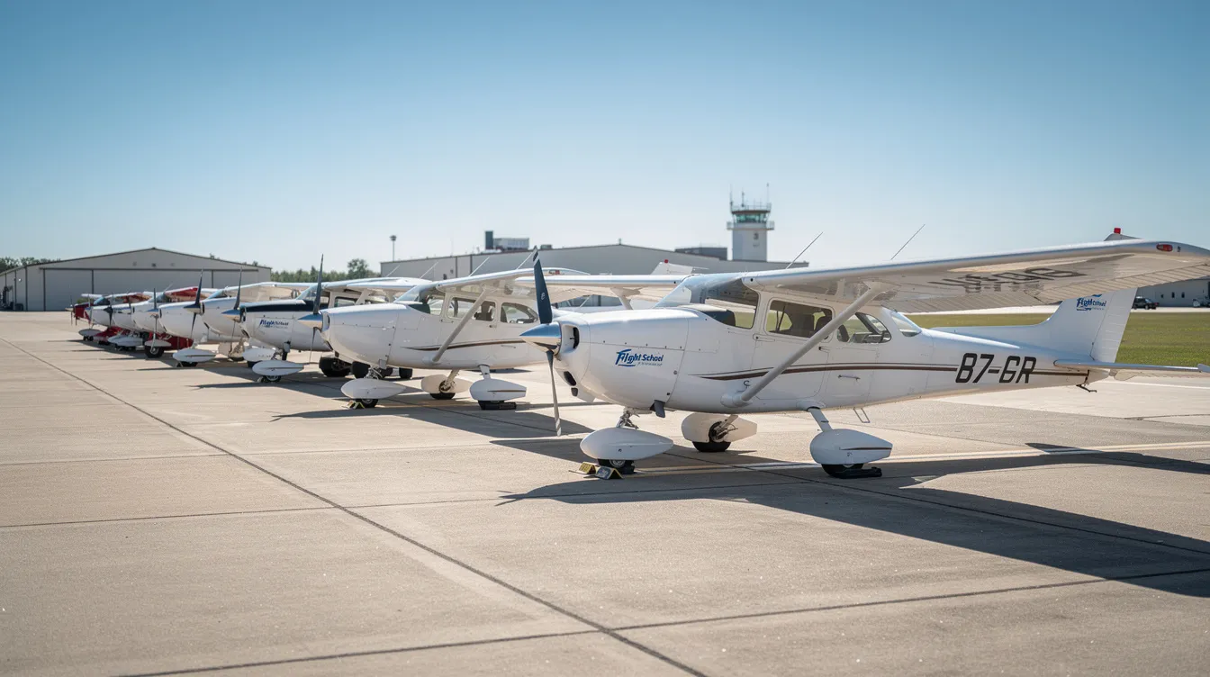 A row of small white training aircraft is neatly lined up on a sunny airport ramp, showcasing the essential tools for aspiring corporate pilots as they embark on their flight training journey. These aircraft represent the beginning of a pilot career in the aviation industry, where students can gain valuable flying experience and work towards obtaining their private pilot certificate.
