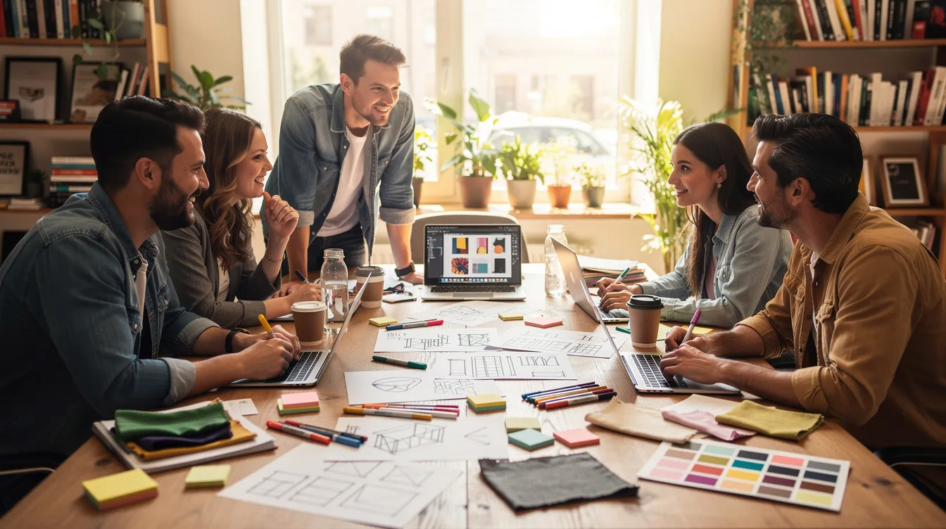 Een creatief team werkt samen rond een tafel, omringd door laptops, schetsen en kleurrijke materialen. Ze zijn bezig met het ontwikkelen van goed geformuleerde prompts voor kunstmatige intelligentie, gericht op het genereren van specifieke taken en gewenste output.