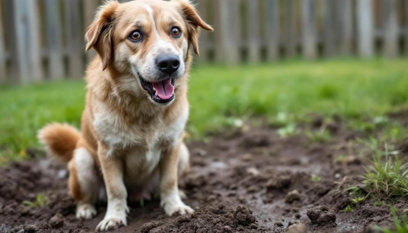 A dog is depicted in a straining posture, clearly displaying discomfort while attempting to defecate, which may indicate issues such as colitis in dogs or chronic diarrhea. The image highlights the struggle that can occur during bowel movements, potentially linked to conditions like inflammatory bowel disease or stress colitis.