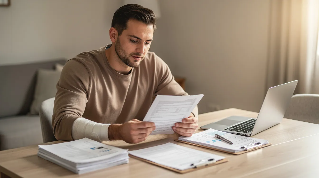 A realistic image shows an injured worker sitting at a clean wooden table at home, reviewing his workers compensation documents, including medical records and a clipboard, with a subtle arm brace visible. The warm, natural light enhances the modern setting, reflecting the importance of understanding workers compensation claims and the associated benefits for injured workers.