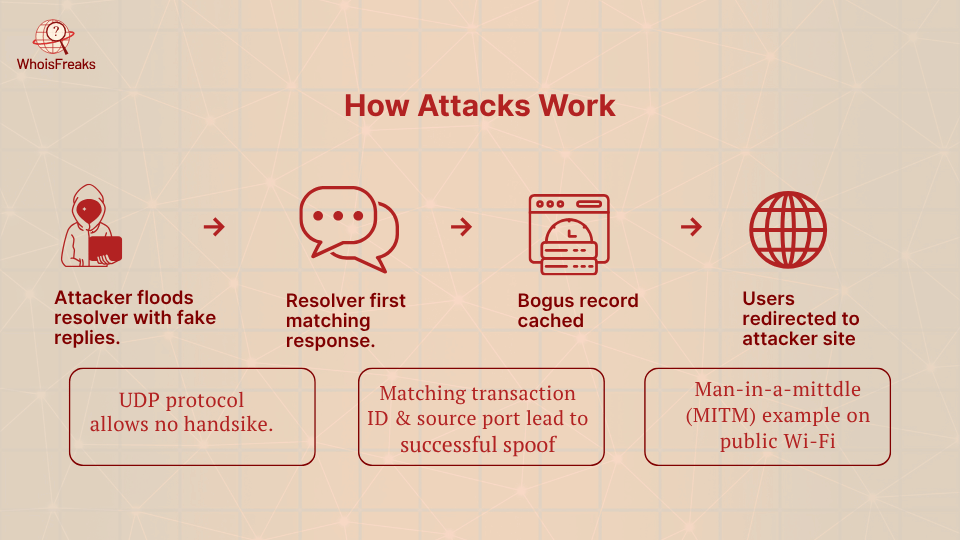 step-by-step infographic illustrating how attackers spoof DNS responses and poison cache using fake replies