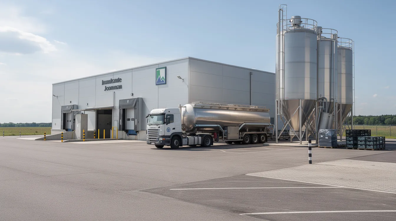 The image shows the exterior of a medium-scale dairy processing plant, featuring a loading dock and a milk tanker parked nearby. This facility is equipped for milk processing and adheres to food safety standards, highlighting its role in producing quality dairy products.