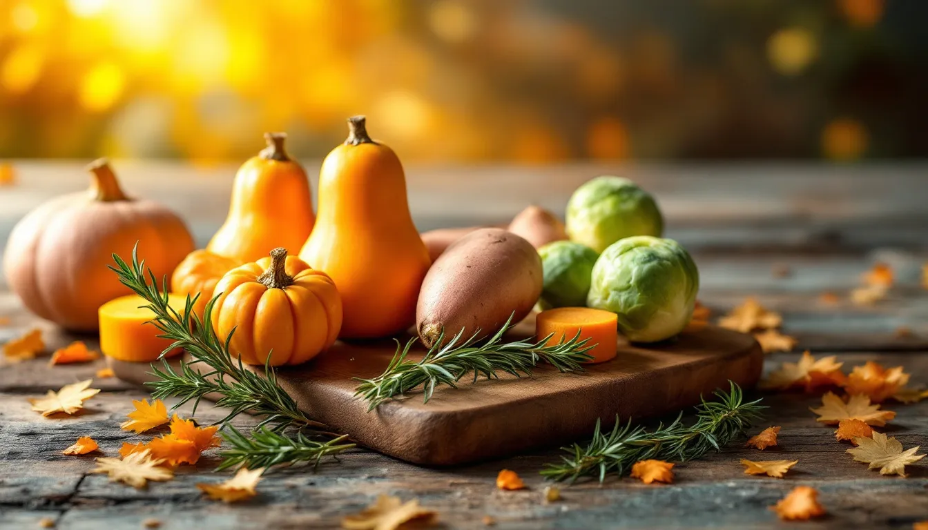 Fresh rosemary and seasonal vegetables ready for cooking.