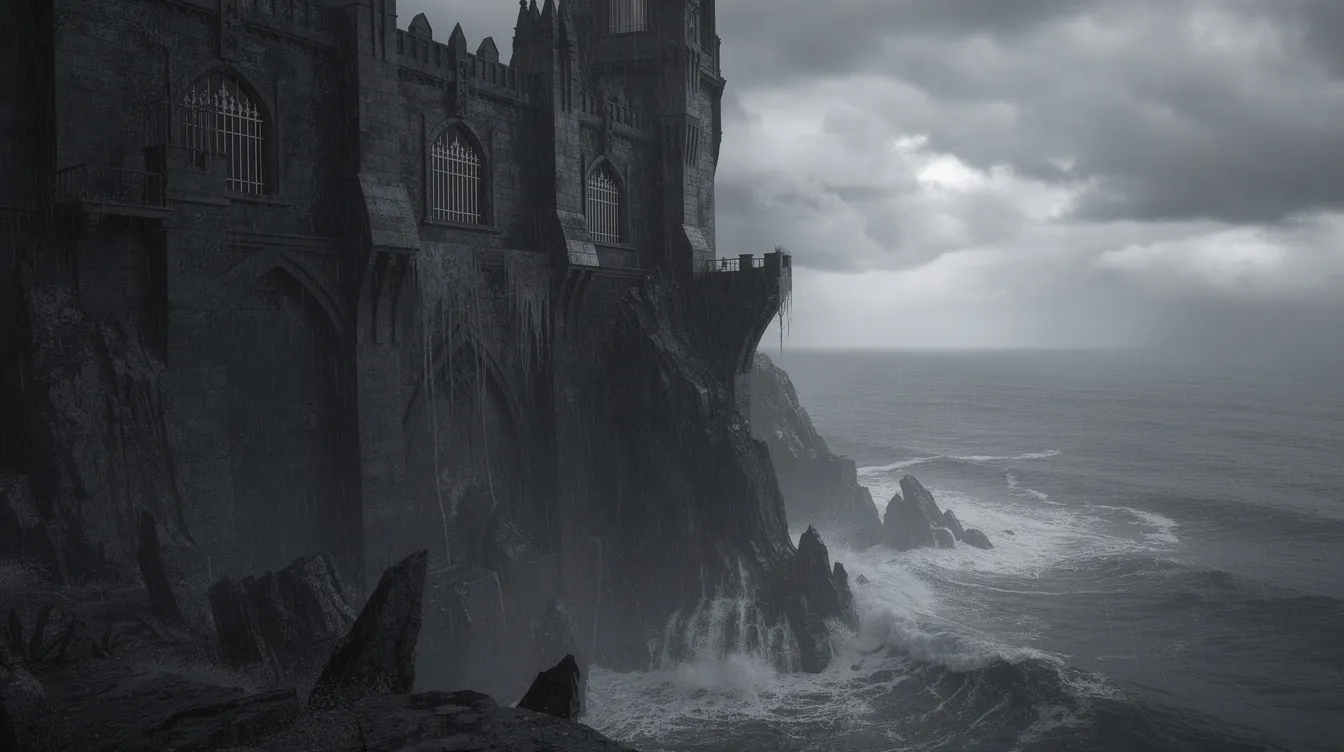 Das Bild zeigt ein gotisches Festungsgebäude, das dramatisch auf einer Klippe über dem Meer thront. Die dunklen Steinmauern mit schmalen, vergitterten Fenstern und der bewölkte Himmel verleihen der Szenerie eine geheimnisvolle und bedrohliche Atmosphäre, die an die düstere Stimmung eines Psychothrillers erinnert.
