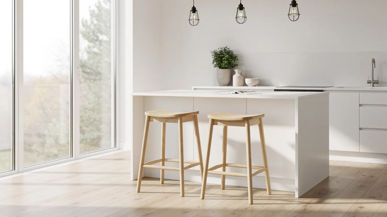 In een lichte Scandinavische keuken staan twee houten barkrukken met gestoffeerde zittingen aan een wit kookeiland. De barkrukken bieden voldoende beenruimte en hebben een natuurlijke uitstraling, perfect voor een gezellige kop koffie met vrienden.