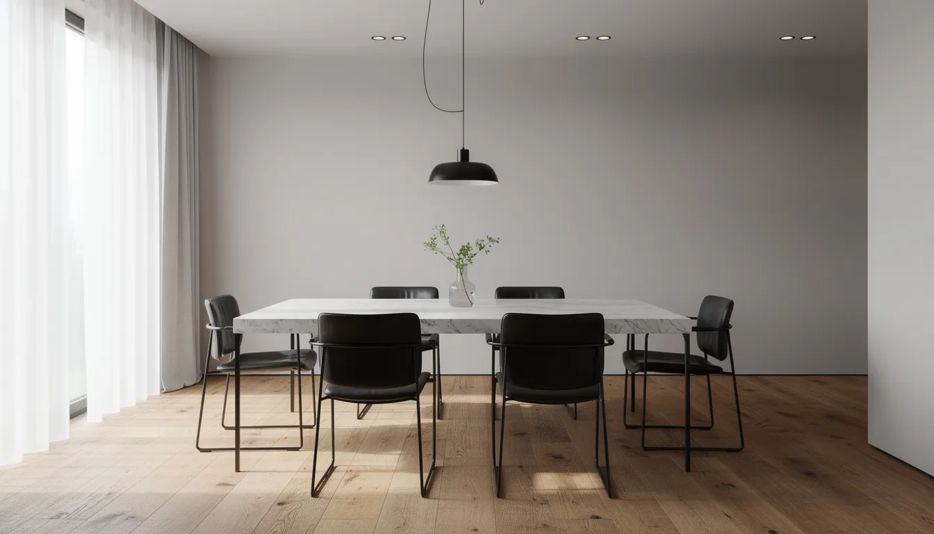 Een moderne eetkamer met zwarte leren armstoelen rondom een stijlvolle marmeren tafel, die samen een minimalistische uitstraling creëren. De combinatie van de leren eetkamerstoelen en de marmeren tafel zorgt voor een tijdloze en industriële sfeer in de eethoek.