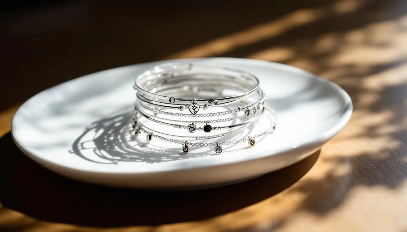 A collection of stylish bracelets stacked together, resembling an assortment of Sunday morning treats, features a mix of gold and silver chain bracelets, leather bangles, and brass accents. This luxurious wristwear is designed for women to effortlessly combine different styles and materials, adding excitement and a complete look to any outfit.