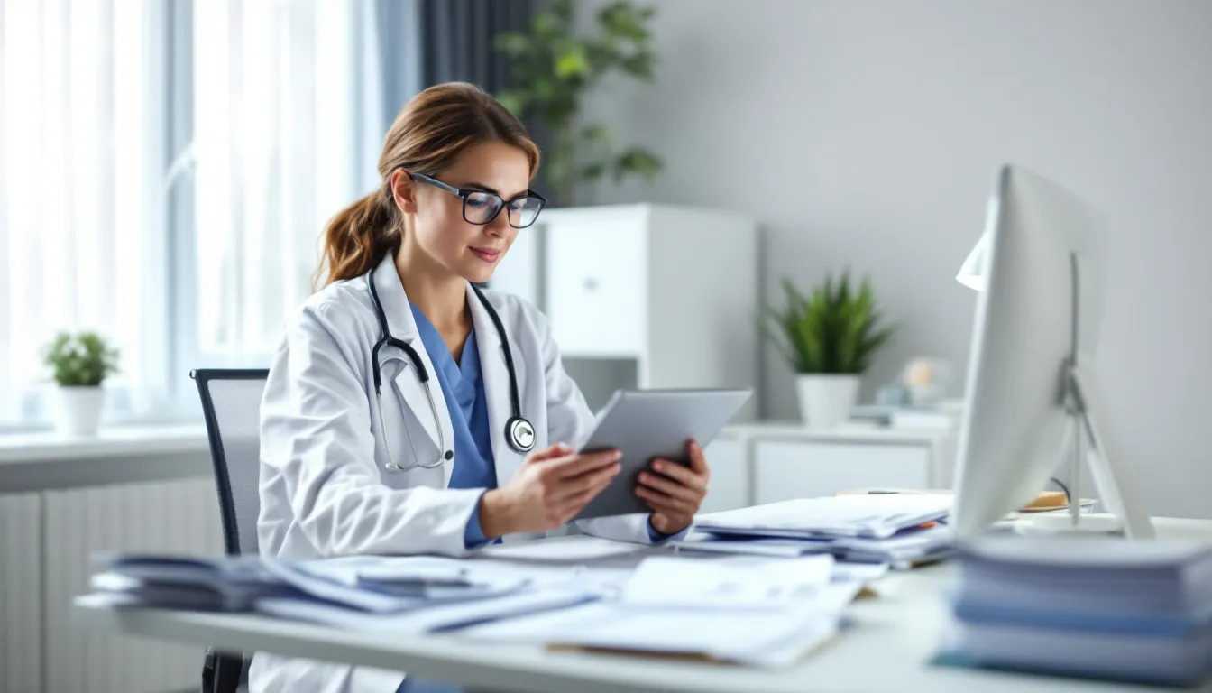 In a well-organized chiropractic office, a person is diligently reviewing medical charts and documentation, ensuring that all patient care records are accurate and up-to-date. This administrative task is essential for supporting the licensed chiropractor and enhancing the overall efficiency of the chiropractic practice.