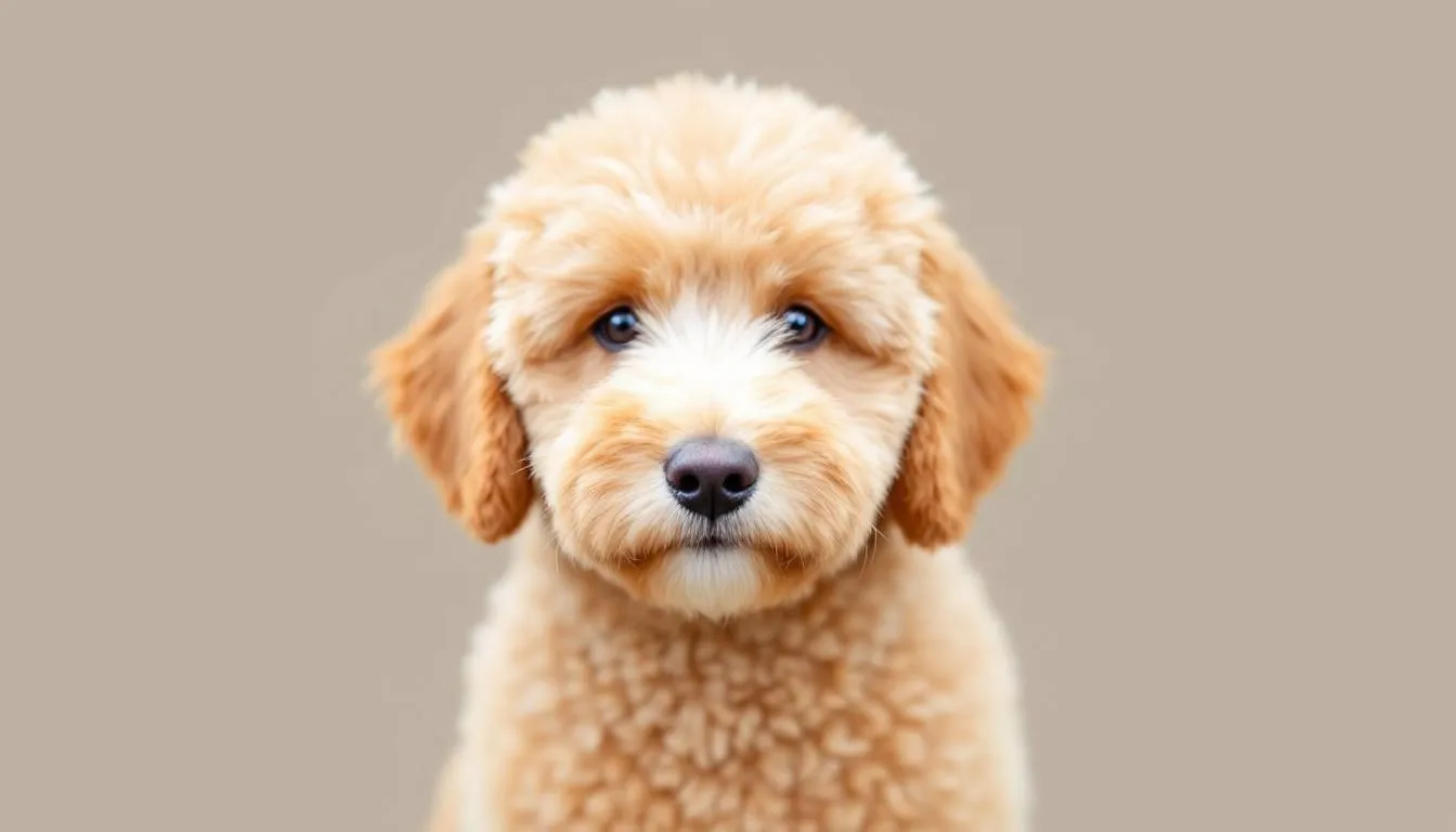 A goldendoodle with a perfect teddy bear cut showcases its rounded face and evenly trimmed body coat, giving it a plush and adorable appearance. This grooming style highlights the breed