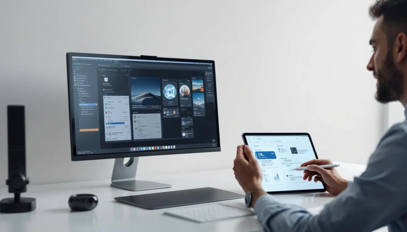 Un utilisateur travaillant sur un iPad Pro avec un moniteur externe, illustrant des conseils pratiques pour optimiser l'utilisation.