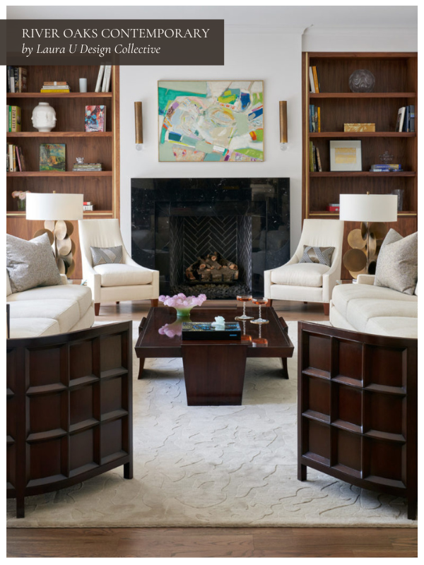 a black fireplace in an otherwise traditional living space with lots of dark wood