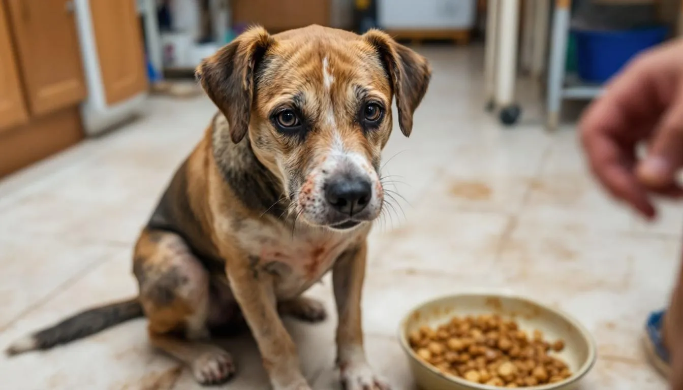 Na obrazku widoczny jest pies, który wyraźnie odczuwa dyskomfort trawienny, z objawami takimi jak bóle brzucha. Pies może pić mleko, ale jego dieta powinna być dostosowana do indywidualnych potrzeb, aby uniknąć problemów trawiennych związanych z nietolerancją laktozy.