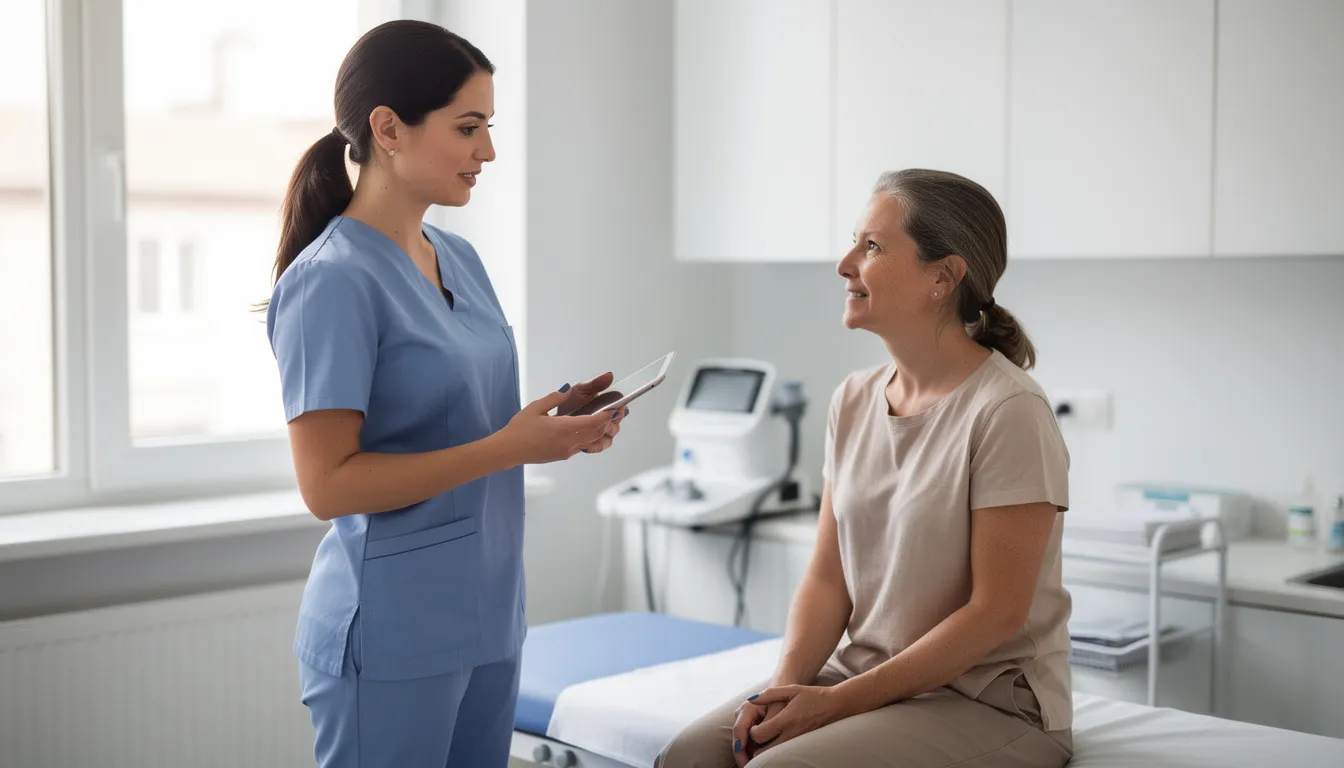 A nurse practitioner in scrubs is consulting with a patient in a bright clinical setting, emphasizing patient care and well-being. This scene highlights the importance of relevant skills and professional development in health services, showcasing a fulfilling career opportunity in the medical field.
